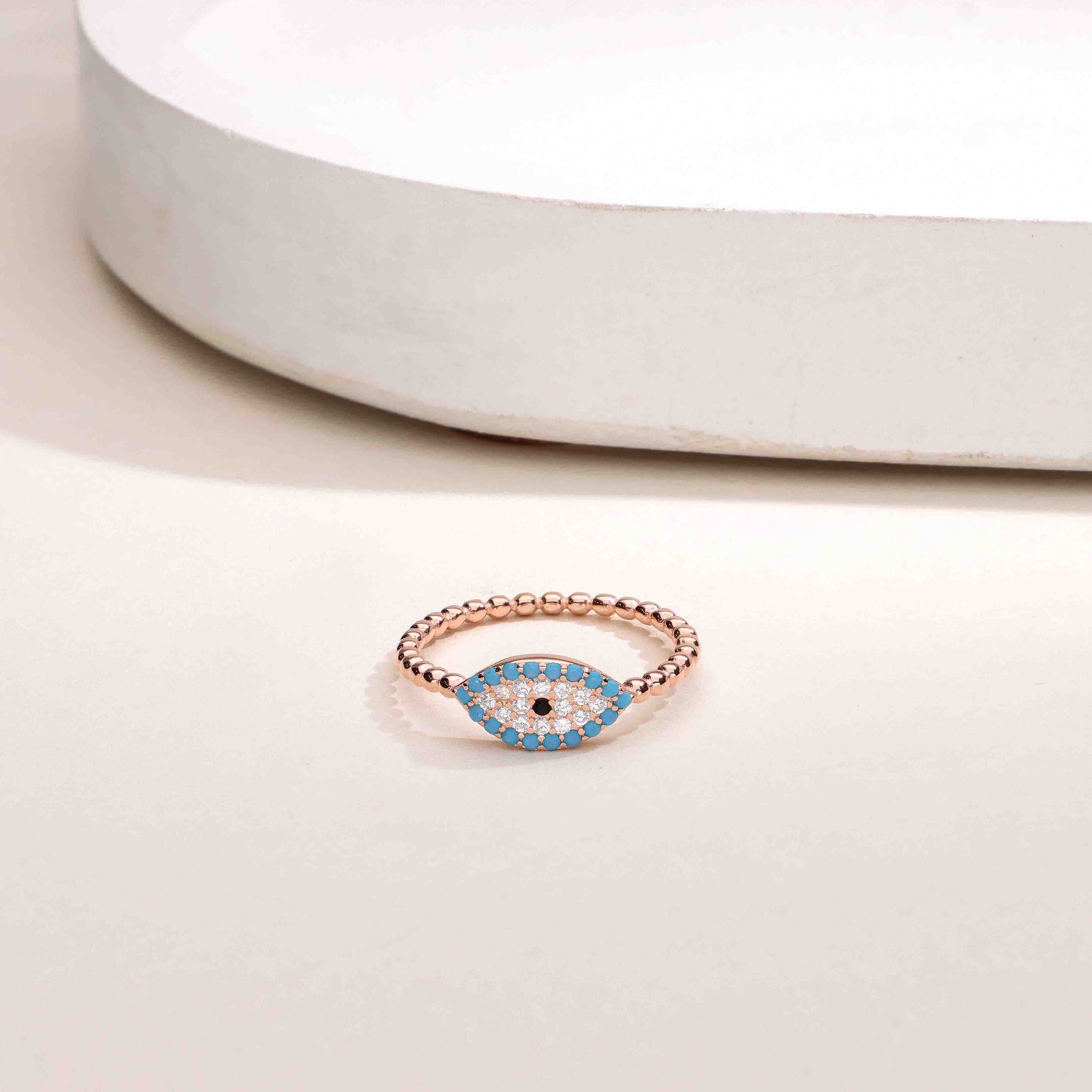 Single Evil Eye Diamond Studded Blue & White Silver Ring - Image 6