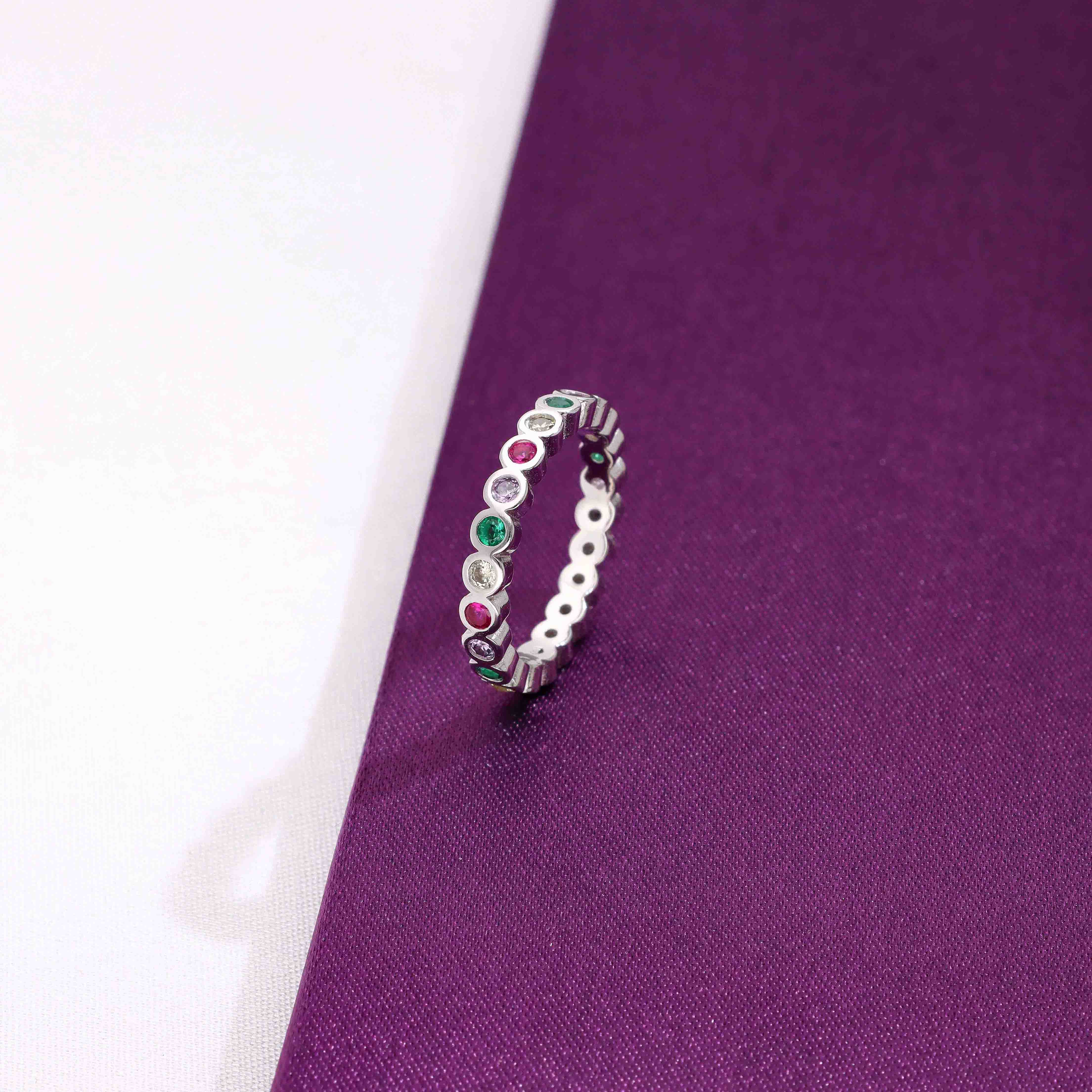 Elegant Multi-Colored Gemstone Eternity Silver Band Ring - Image 5